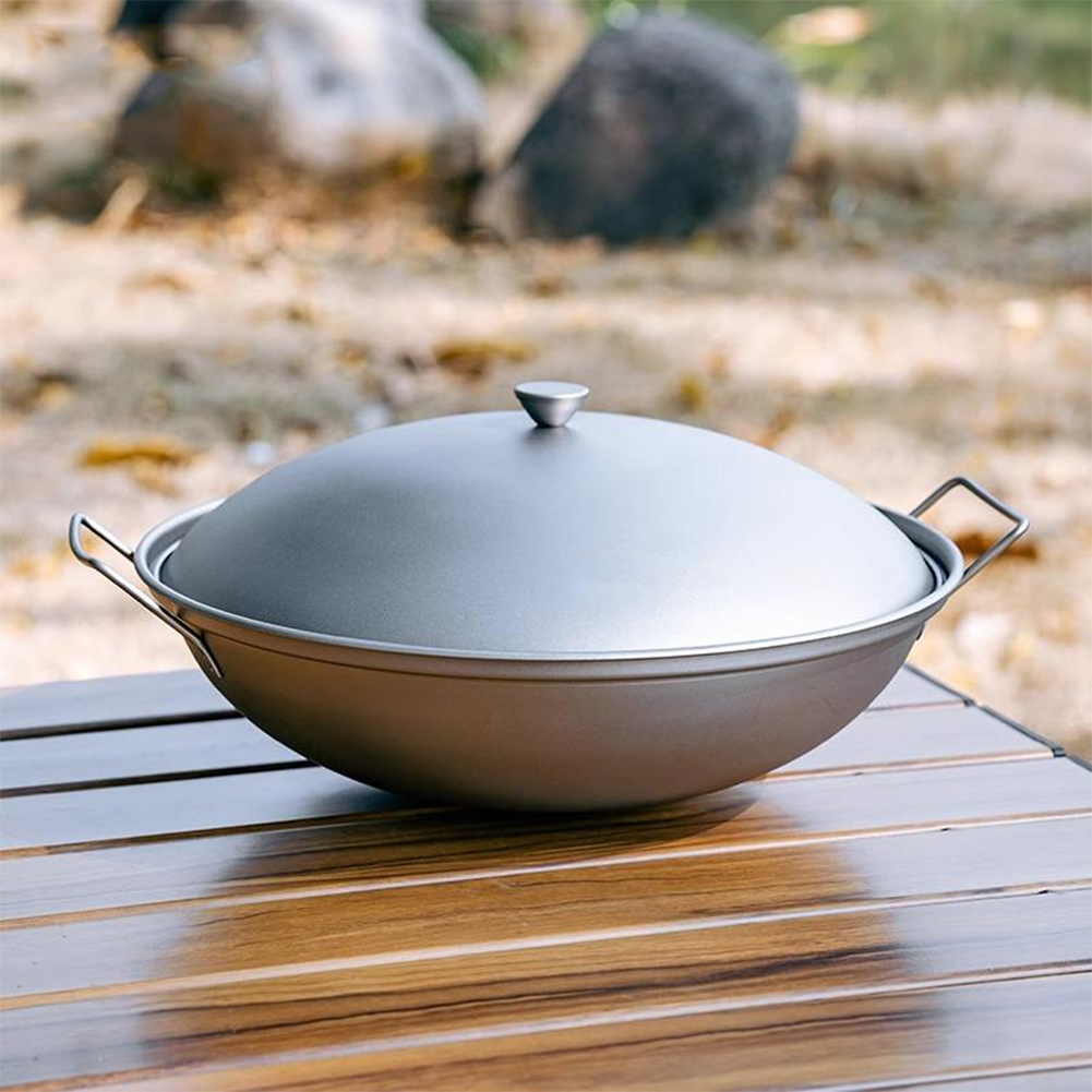 Camping Cooking Pots And Pans Set - Titanium Wok Pan with Lid Double