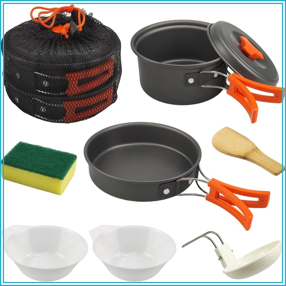 Camping Cooking Pots And Pans Set - 7Pcs Camping Pan Set - Backpack