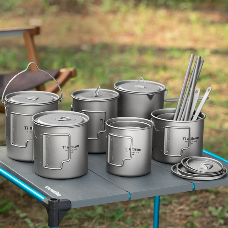 Camping Cooking Set With Bag - Tiartisan Outdoor Titanium Lightweight Portable Tea